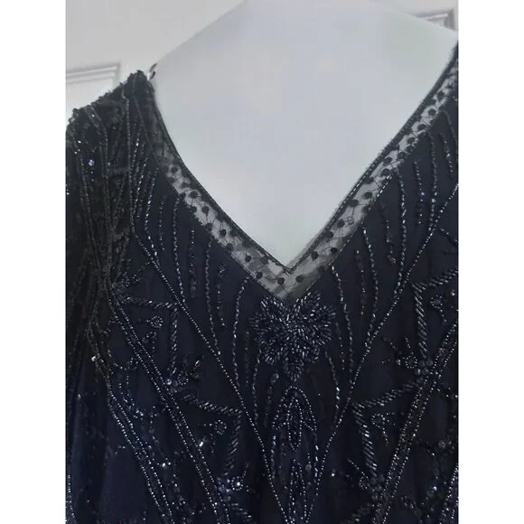 Cristina Wu Navy Beaded V-Neck Gown Size 20W Elegant Formal Dress Sheer Sleeves - Picture 7 of 13